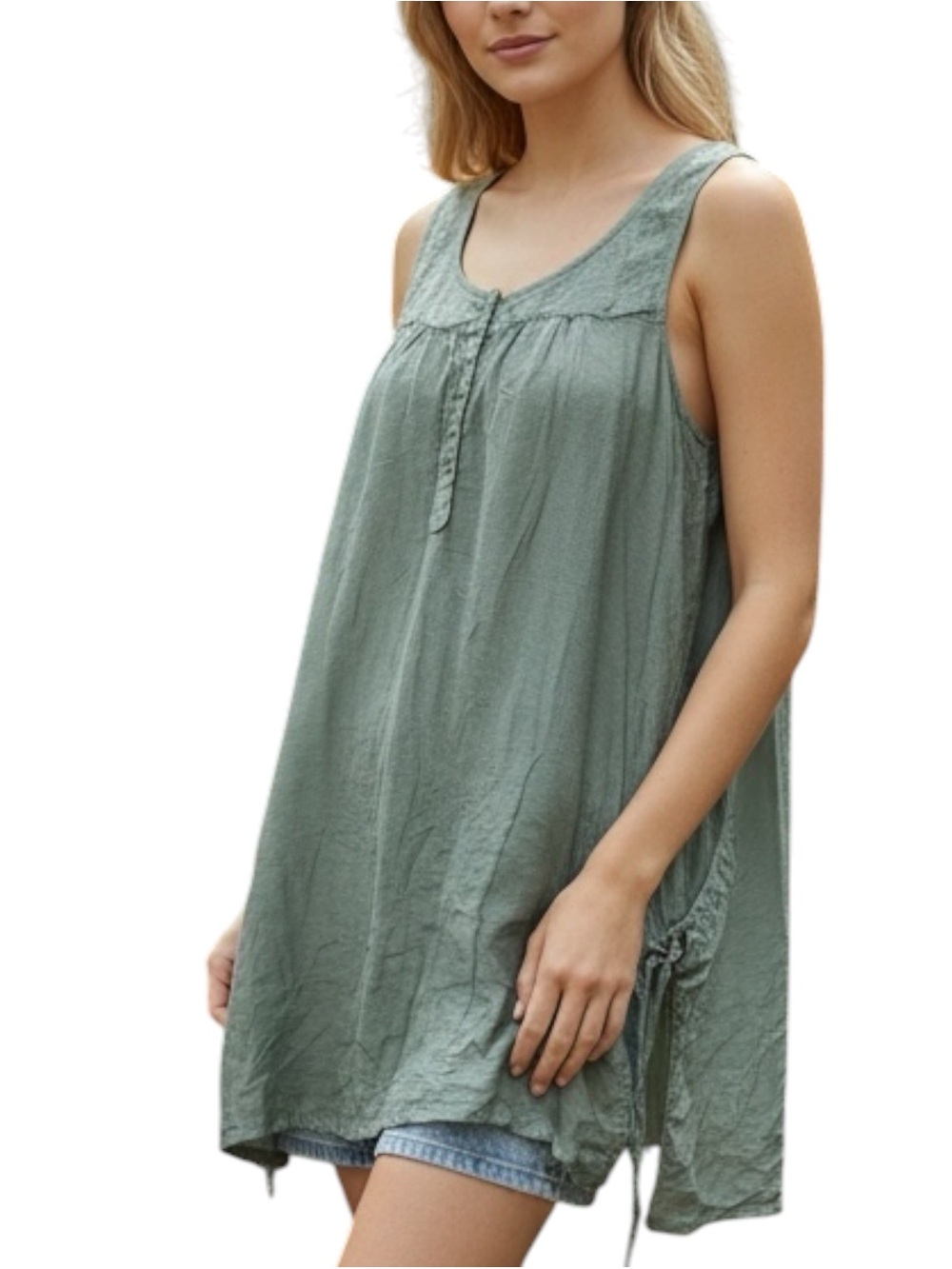 Yargici Silk Blend Relaxed Boho Sleeveless Sage Green Tunic Top